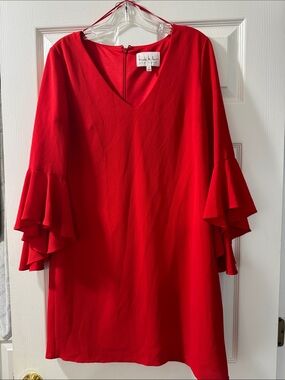 Red Ruffle-Sleeve Tunic Dress - Elegant V-Neck Layered Sleeves